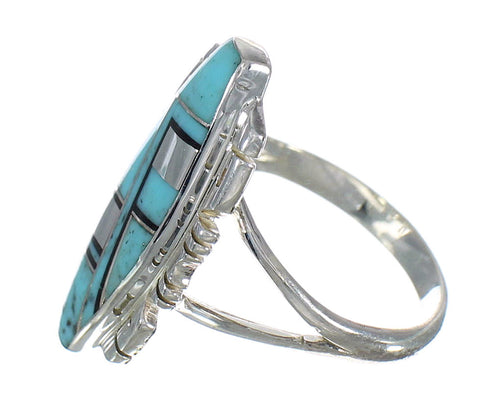 Southwest Turquoise And Jet Inlay Silver Jewelry Ring Size 6-1/2 AX82432